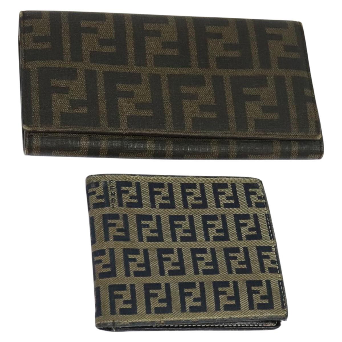 FENDI Zucca Canvas Zucchino Canvas Wallet 2Set Black Brown Navy Auth bs25082