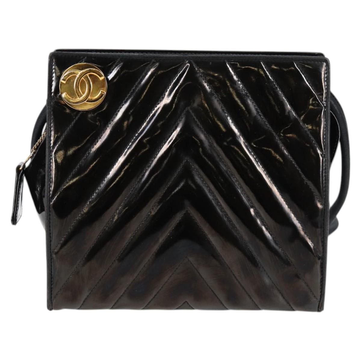 CHANEL V Stitch Shoulder Bag Enamel Black CC Auth bs25102