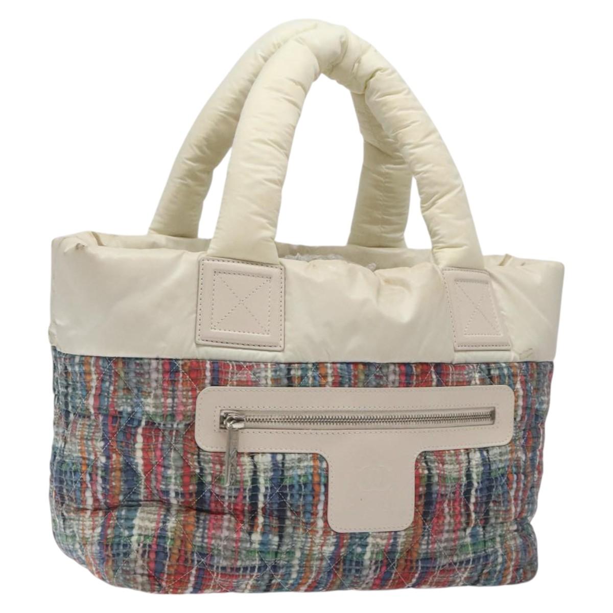 CHANEL Coco Cocoon PM Hand Bag Nylon White Multicolor Silver CC Auth bs25111
