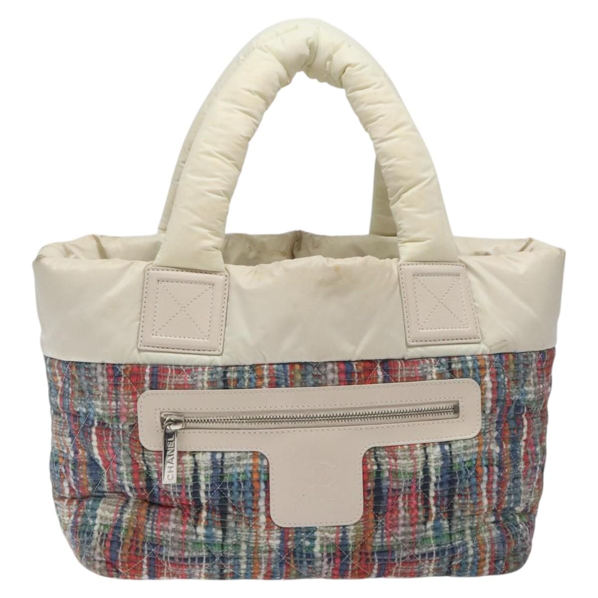 CHANEL Coco Cocoon PM Hand Bag Nylon White Multicolor Silver CC Auth bs25111