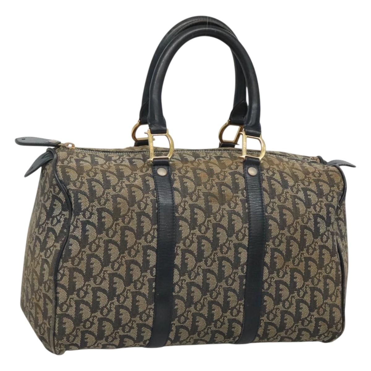 Christian Dior Trotter Canvas Boston Bag Navy Gold Auth bs25120