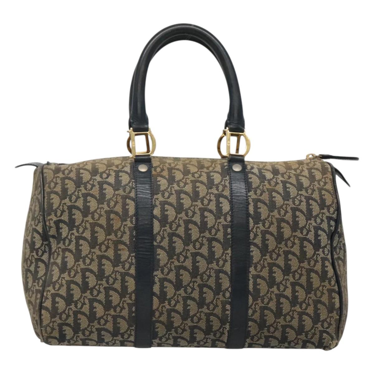 Christian Dior Trotter Canvas Boston Bag Navy Gold Auth bs25120