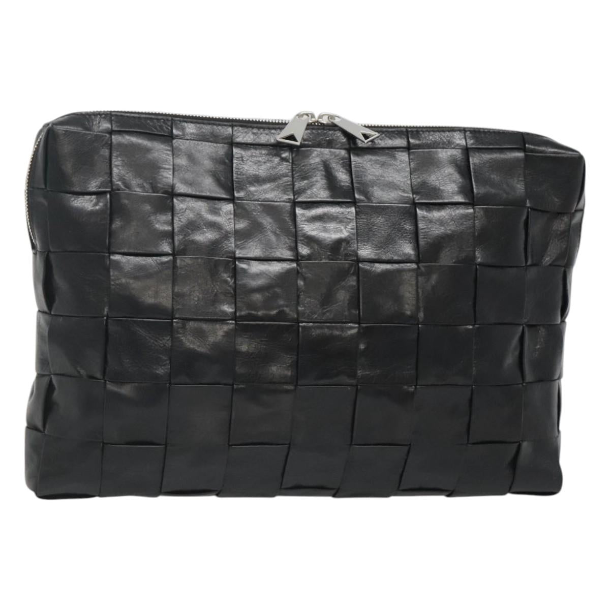BOTTEGA VENETA Maxi INTRECCIATO Clutch Bag Leather Black Silver Auth bs25134