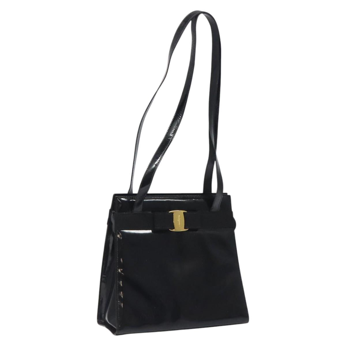 Salvatore Ferragamo Shoulder Bag Enamel Black Gold Auth bs25142