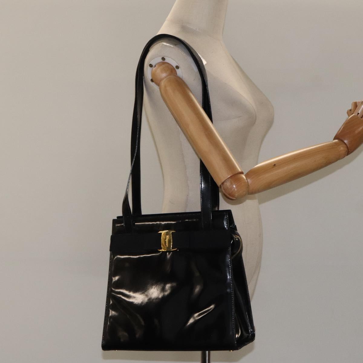 Salvatore Ferragamo Shoulder Bag Enamel Black Gold Auth bs25142
