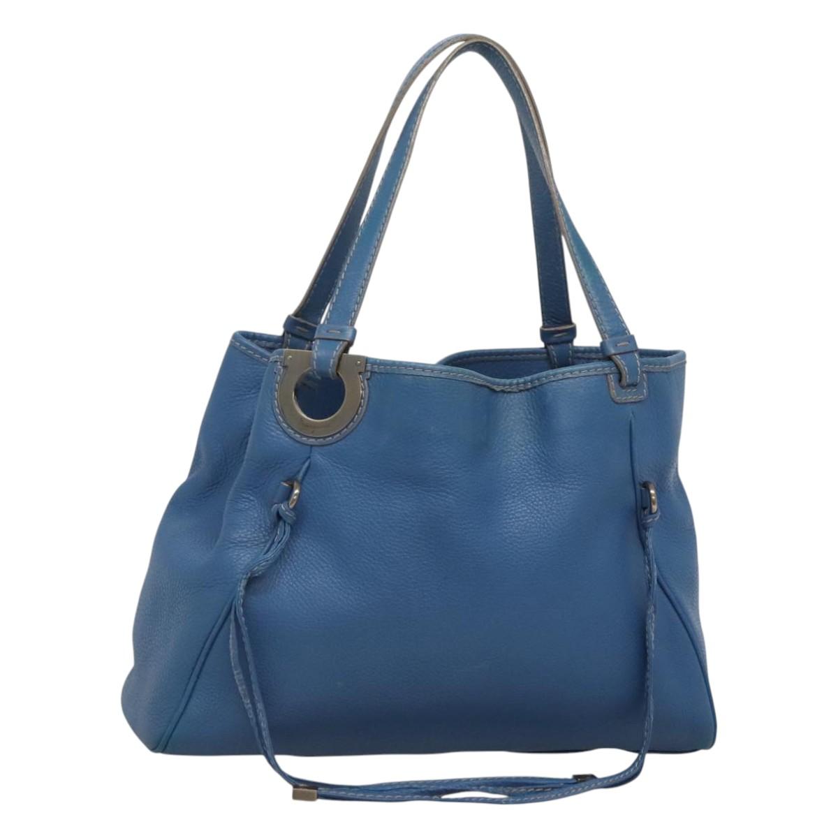 Salvatore Ferragamo Gancini Shoulder Bag Leather Blue Silver Auth bs25145