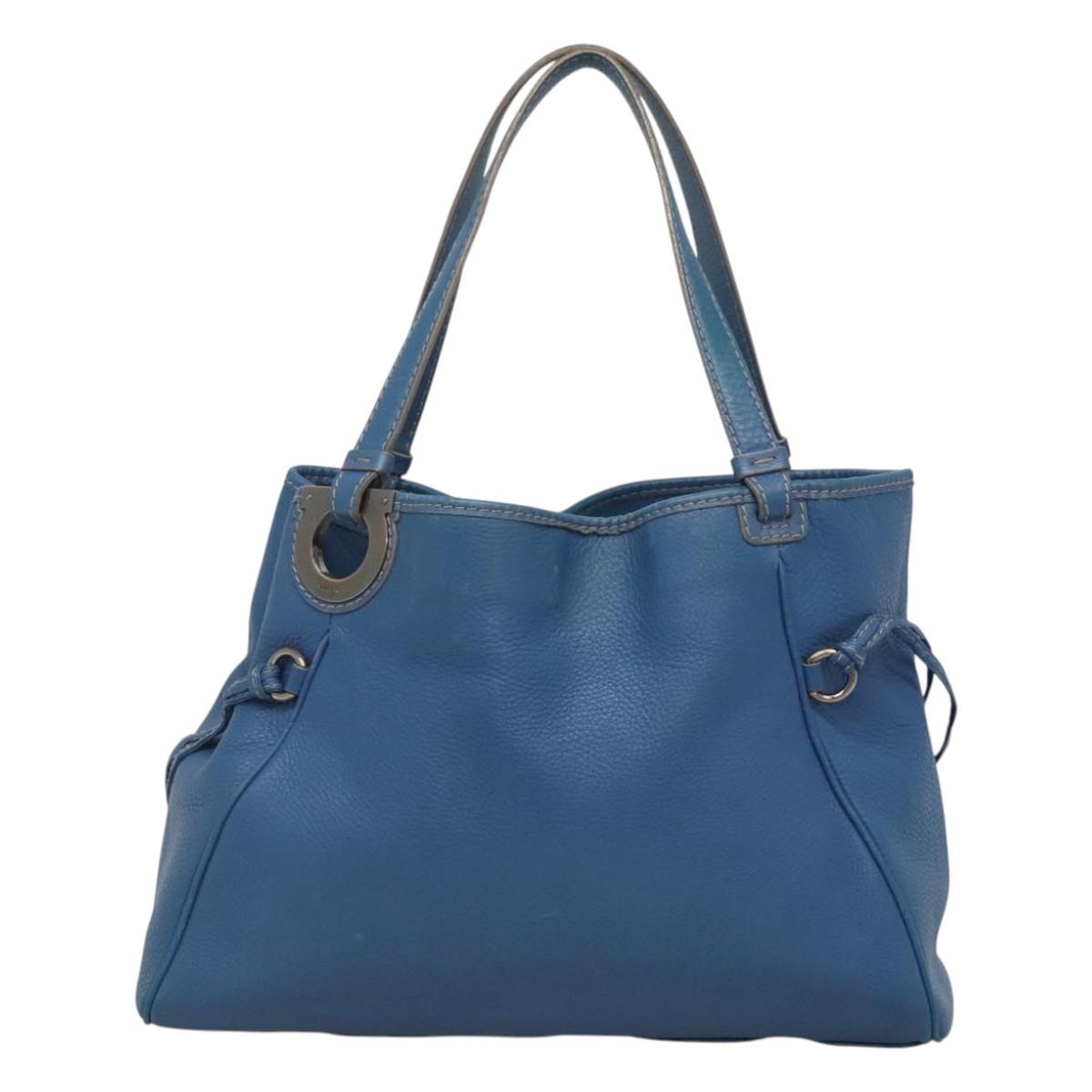 Salvatore Ferragamo Gancini Shoulder Bag Leather Blue Silver Auth bs25145