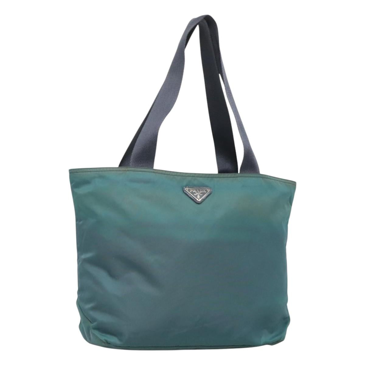 PRADA Tote Bag Nylon Turquoise Blue Silver Auth bs25180