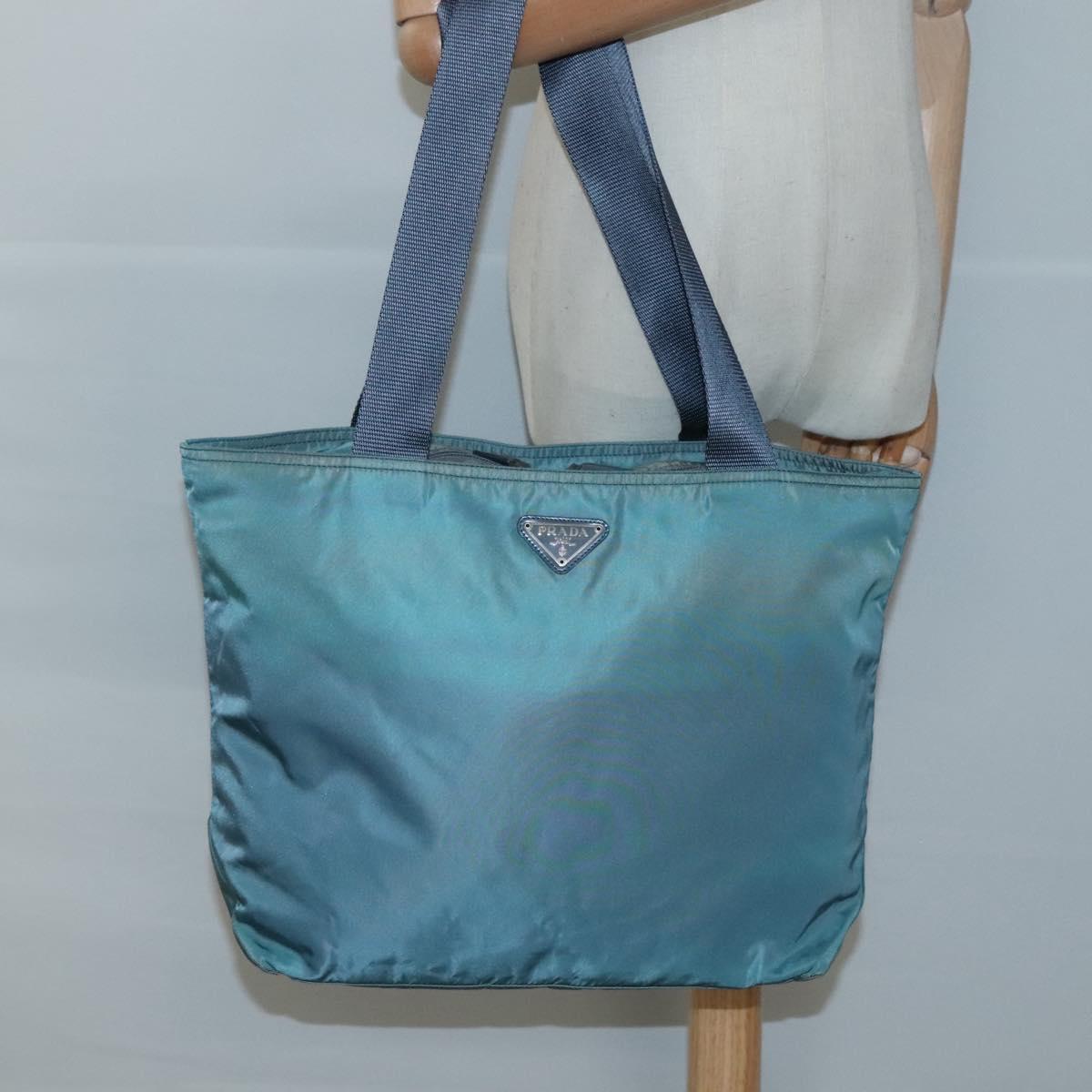 PRADA Tote Bag Nylon Turquoise Blue Silver Auth bs25180