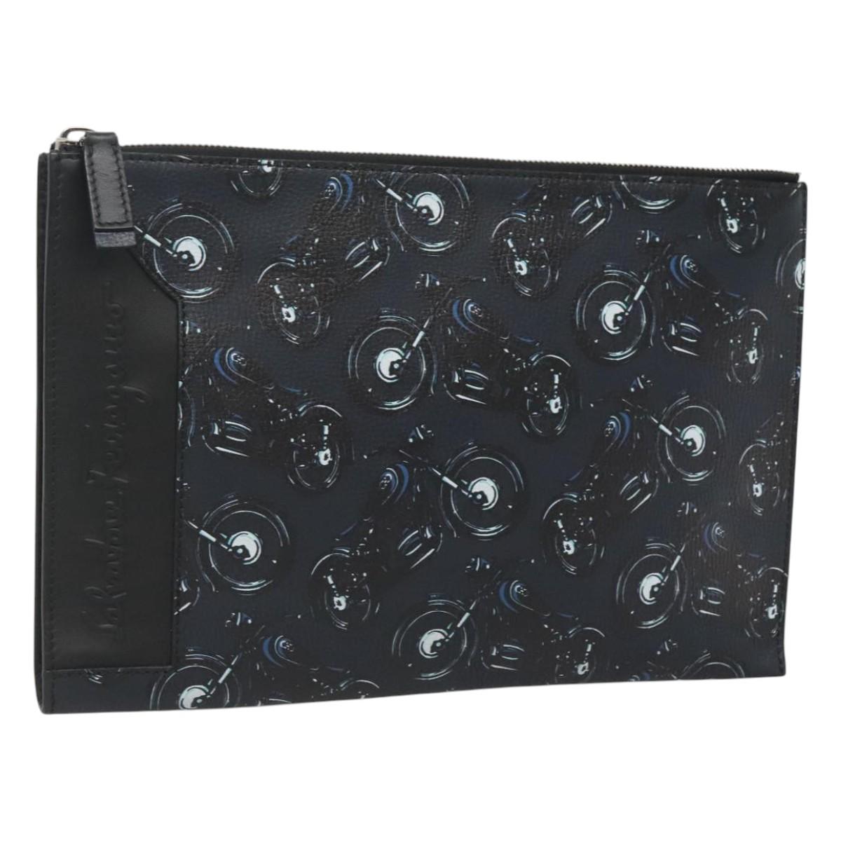Salvatore Ferragamo Clutch Bag Leather Black Silver Auth bs25187