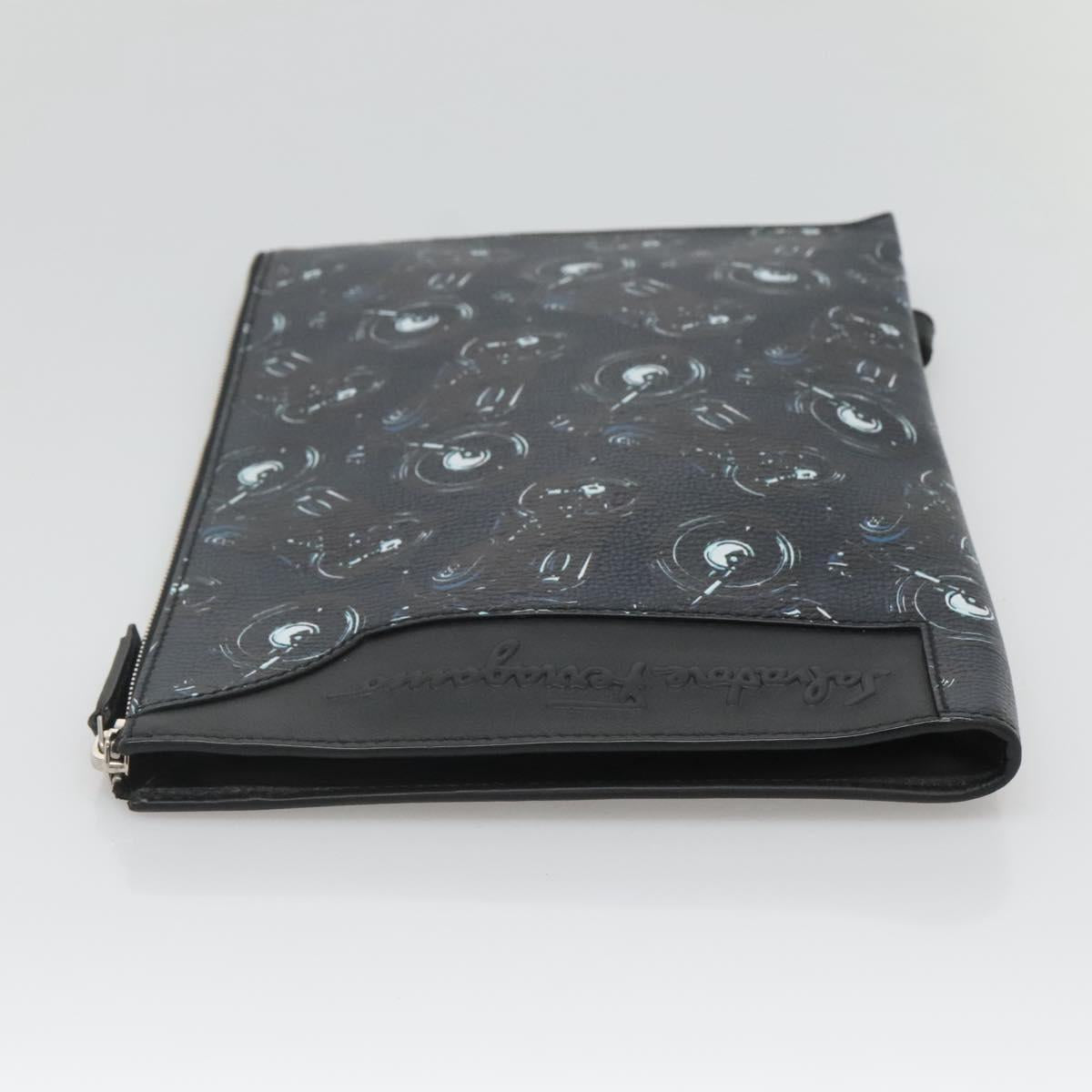 Salvatore Ferragamo Clutch Bag Leather Black Silver Auth bs25187