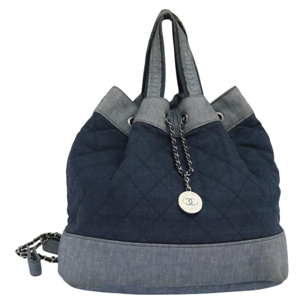CHANEL Chain Hand Bag Canvas Blue Silver CC Auth bs25208