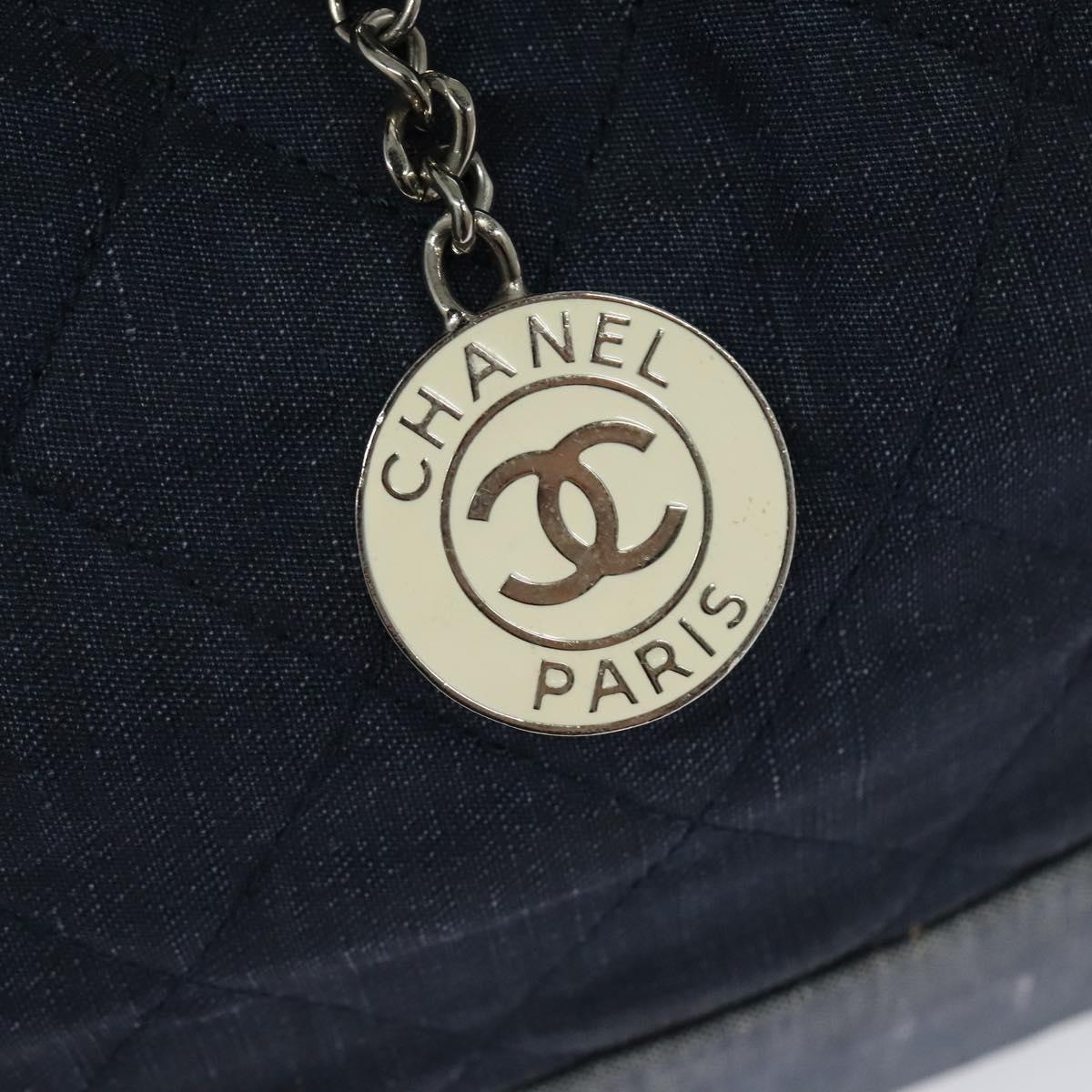 CHANEL Chain Hand Bag Canvas Blue Silver CC Auth bs25208