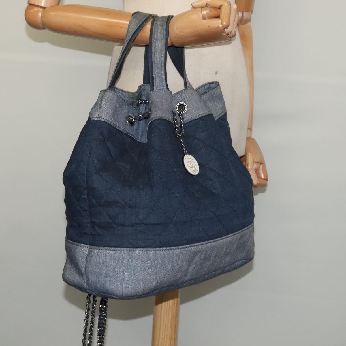 CHANEL Chain Hand Bag Canvas Blue Silver CC Auth bs25208