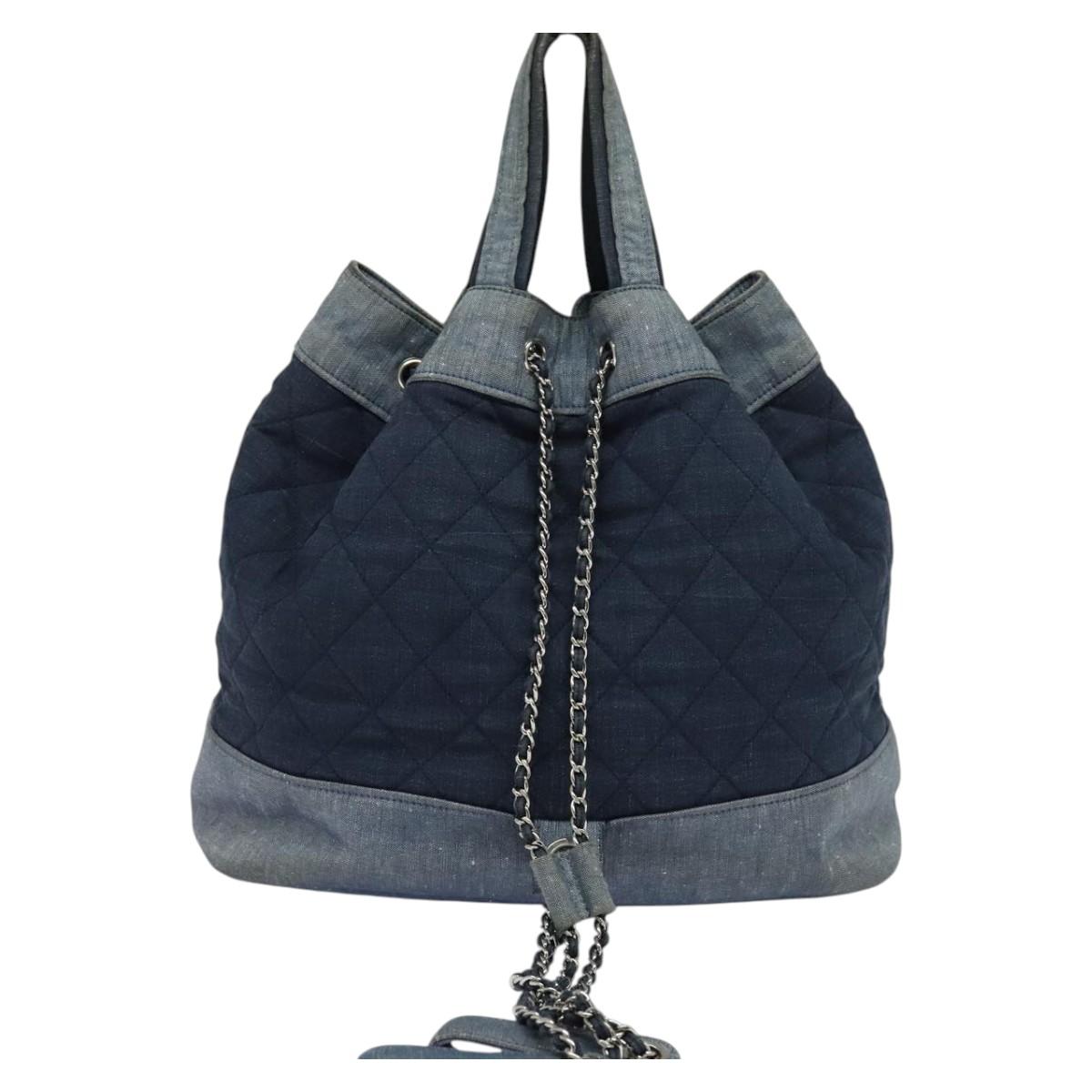 CHANEL Chain Hand Bag Canvas Blue Silver CC Auth bs25208