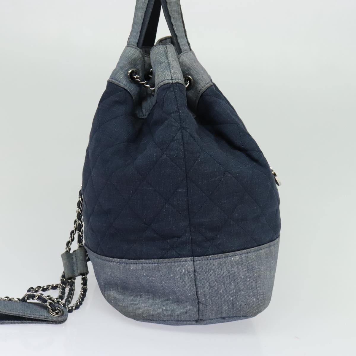 CHANEL Chain Hand Bag Canvas Blue Silver CC Auth bs25208
