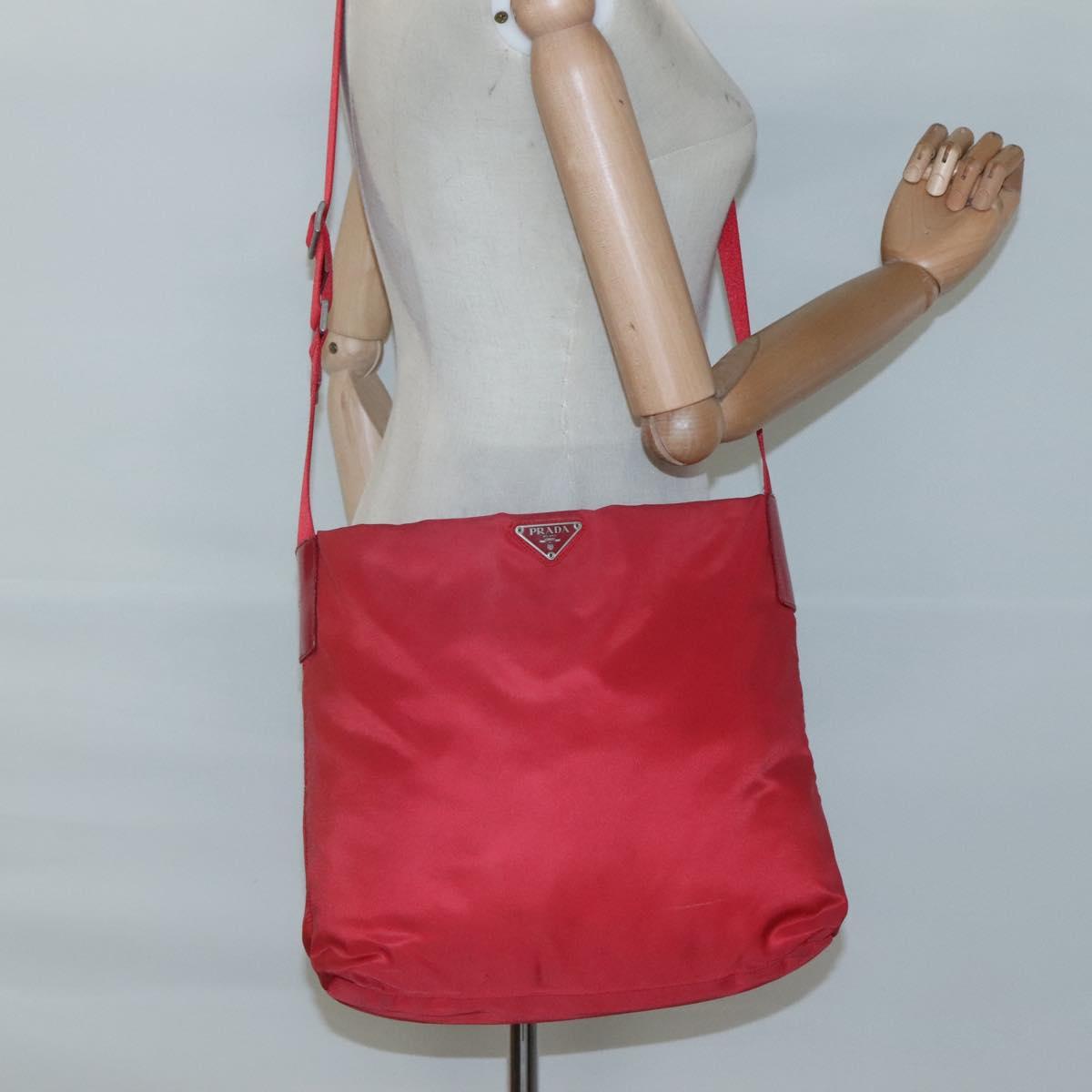 PRADA Shoulder Bag Nylon Red Silver Auth bs25223