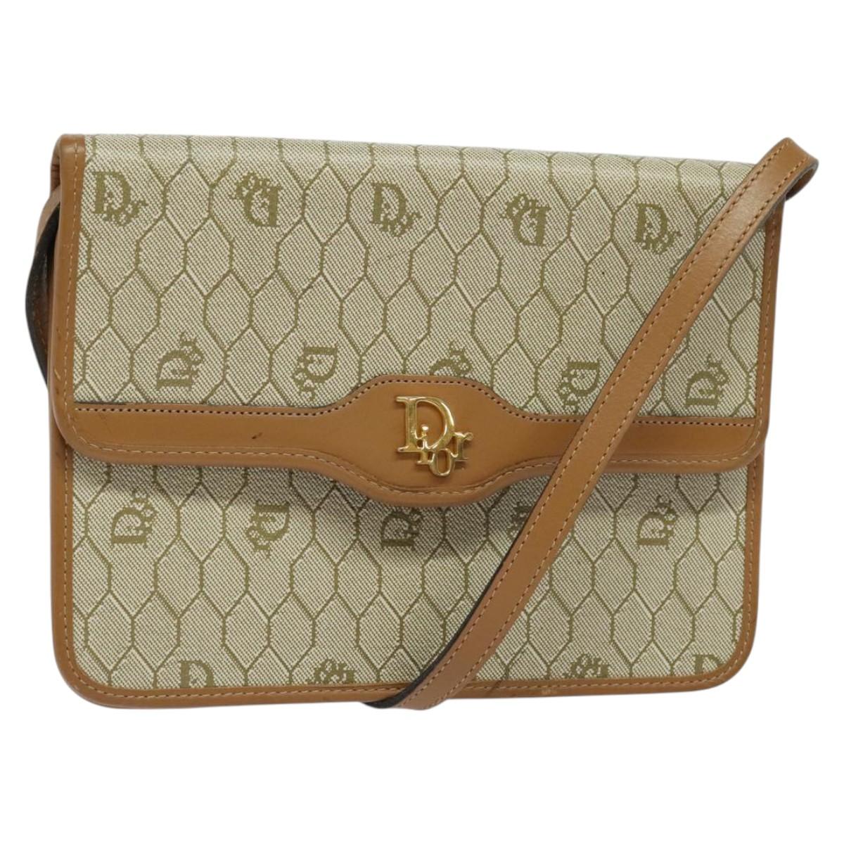 Christian Dior Honeycomb Canvas Shoulder Bag PVC Leather Beige Gold Auth bs25264