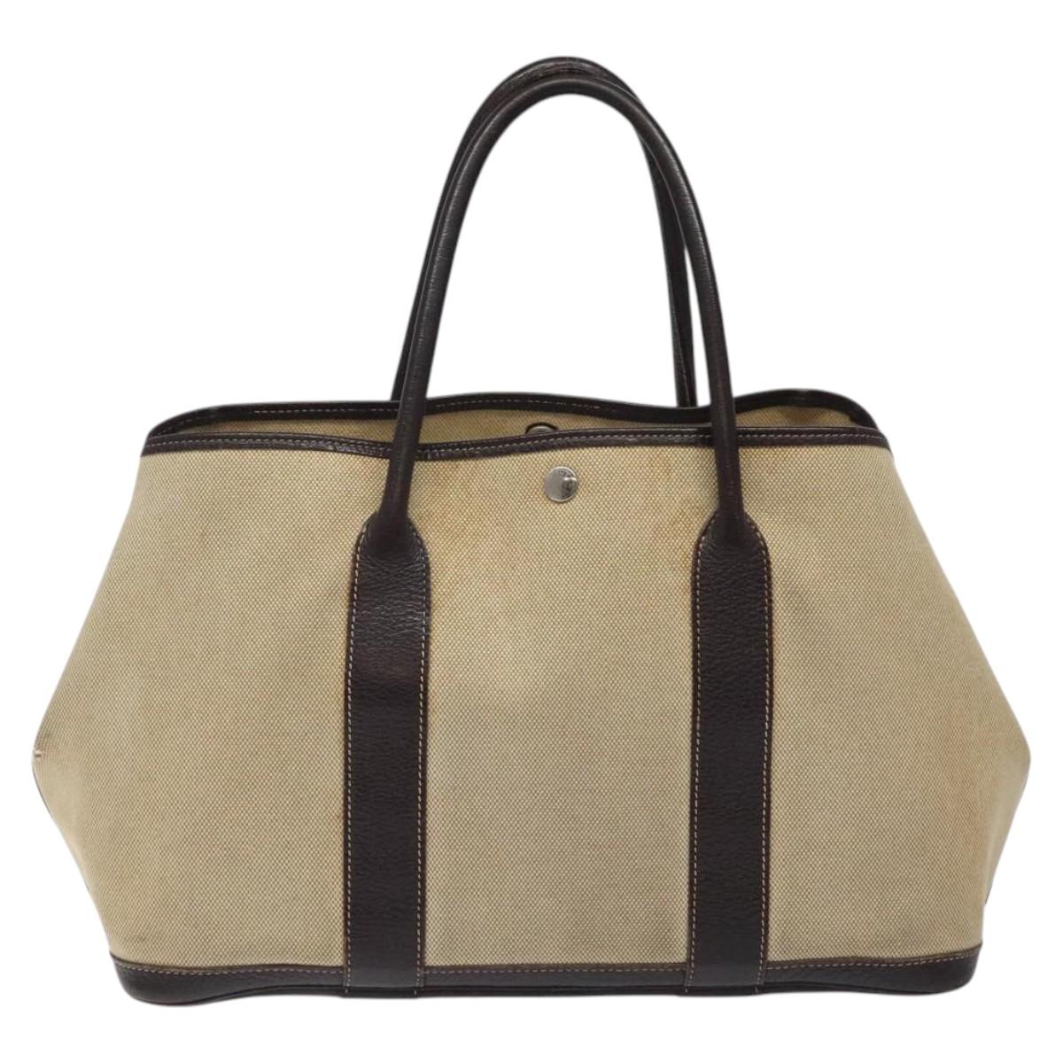 HERMES Garden Party PM Hand Bag Coated Canvas Beige Silver Auth bs25278
