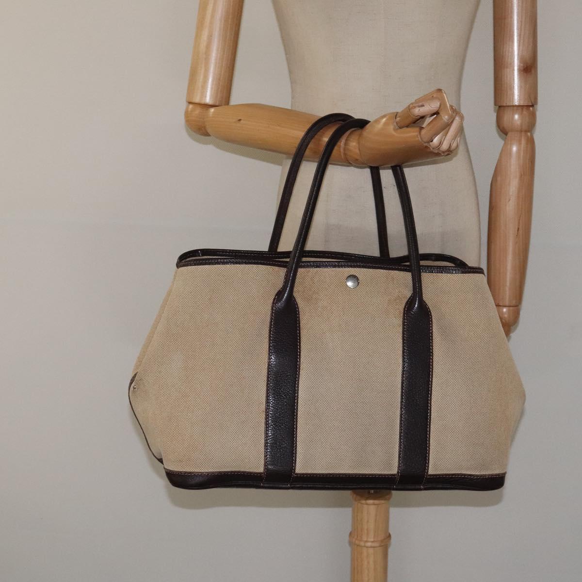 HERMES Garden Party PM Hand Bag Coated Canvas Beige Silver Auth bs25278