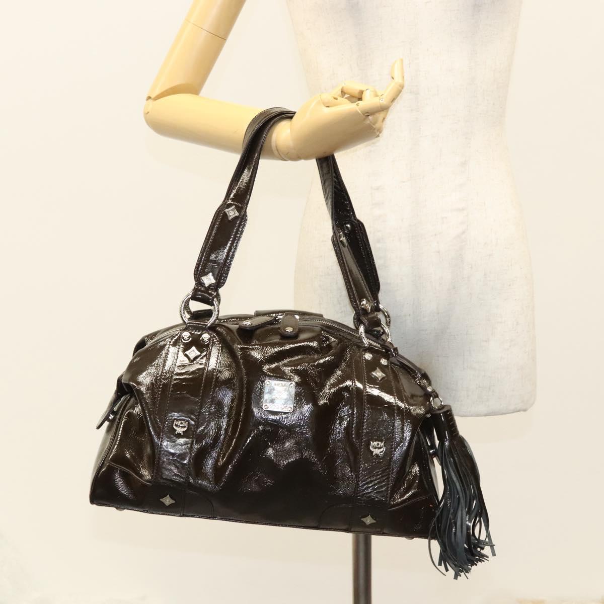 MCM Shoulder Bag Enamel Brown Silver Auth bs25319