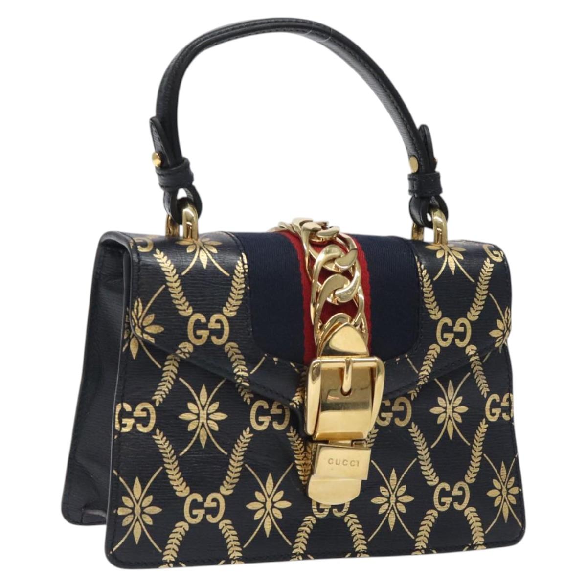 GUCCI Silvi Sherry Line Hand Bag Leather 2way Navy Gold Red 470270 Auth bs25339