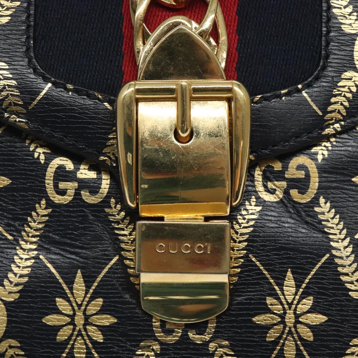 GUCCI Silvi Sherry Line Hand Bag Leather 2way Navy Gold Red 470270 Auth bs25339