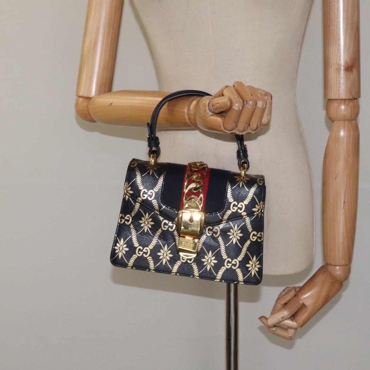 GUCCI Silvi Sherry Line Hand Bag Leather 2way Navy Gold Red 470270 Auth bs25339