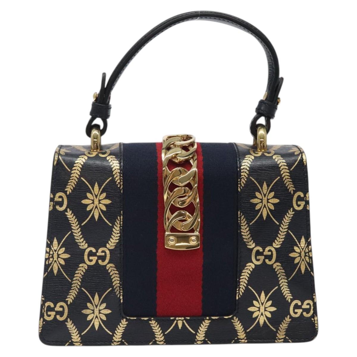 GUCCI Silvi Sherry Line Hand Bag Leather 2way Navy Gold Red 470270 Auth bs25339
