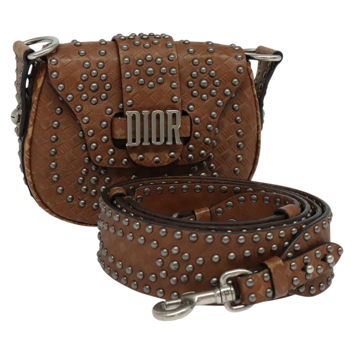 Christian Dior D FENCE Shoulder Bag Leather Brown Auth bs25342