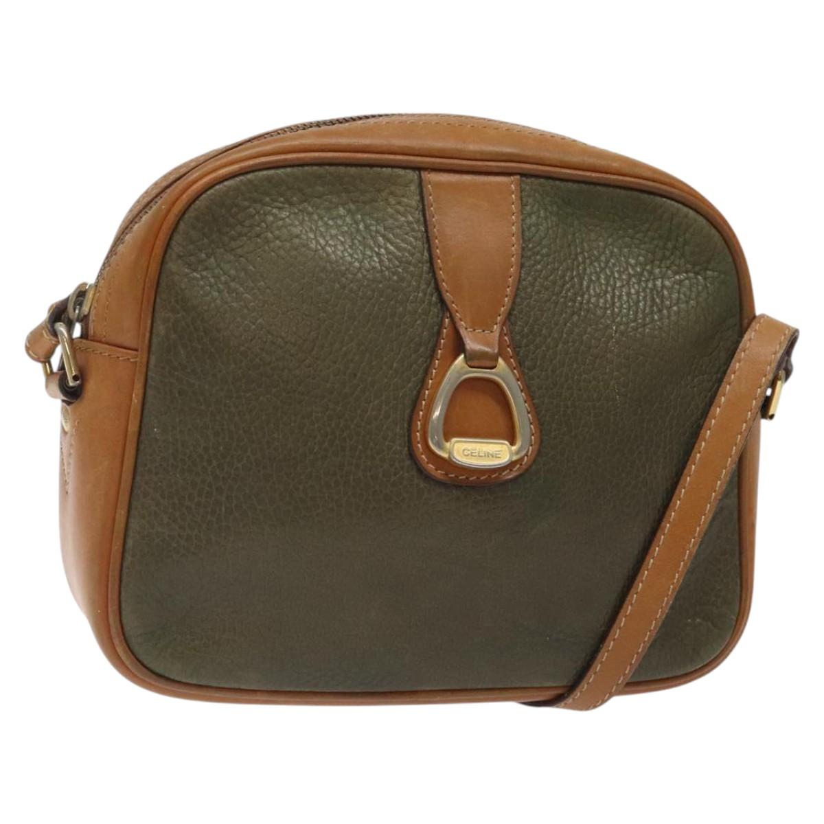 CELINE Shoulder Bag Leather Khaki Gold Auth bs25384