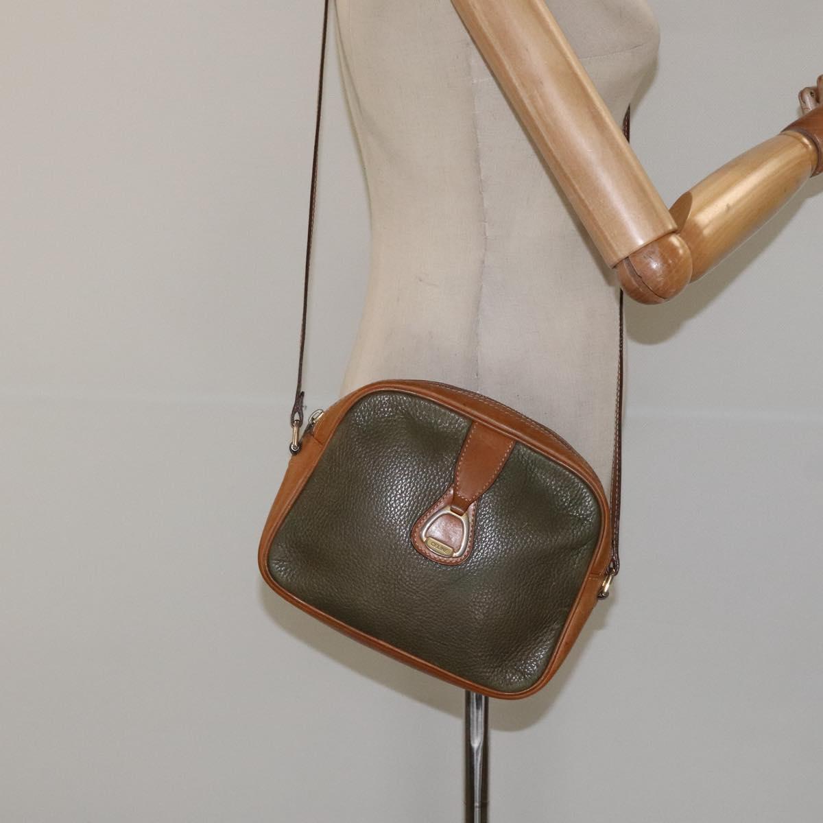 CELINE Shoulder Bag Leather Khaki Gold Auth bs25384