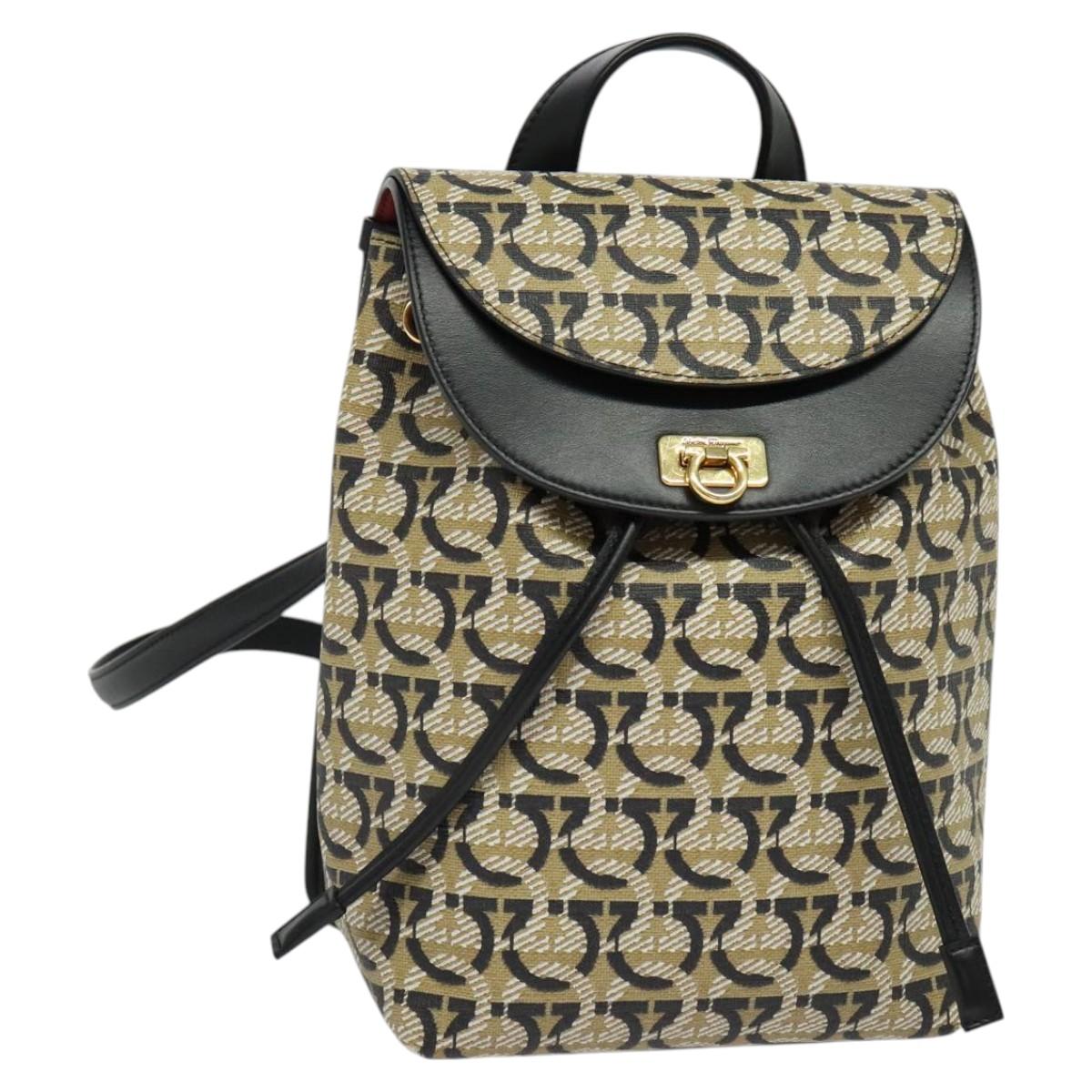 Salvatore Ferragamo Gancini Backpack PVC Leather Beige Gold Auth bs25390