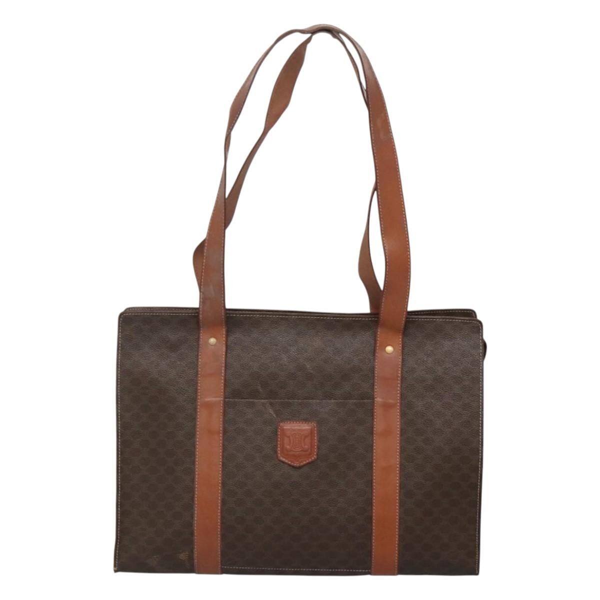 CELINE Macadam Canvas Tote Bag PVC Leather Brown Gold Auth bs25457