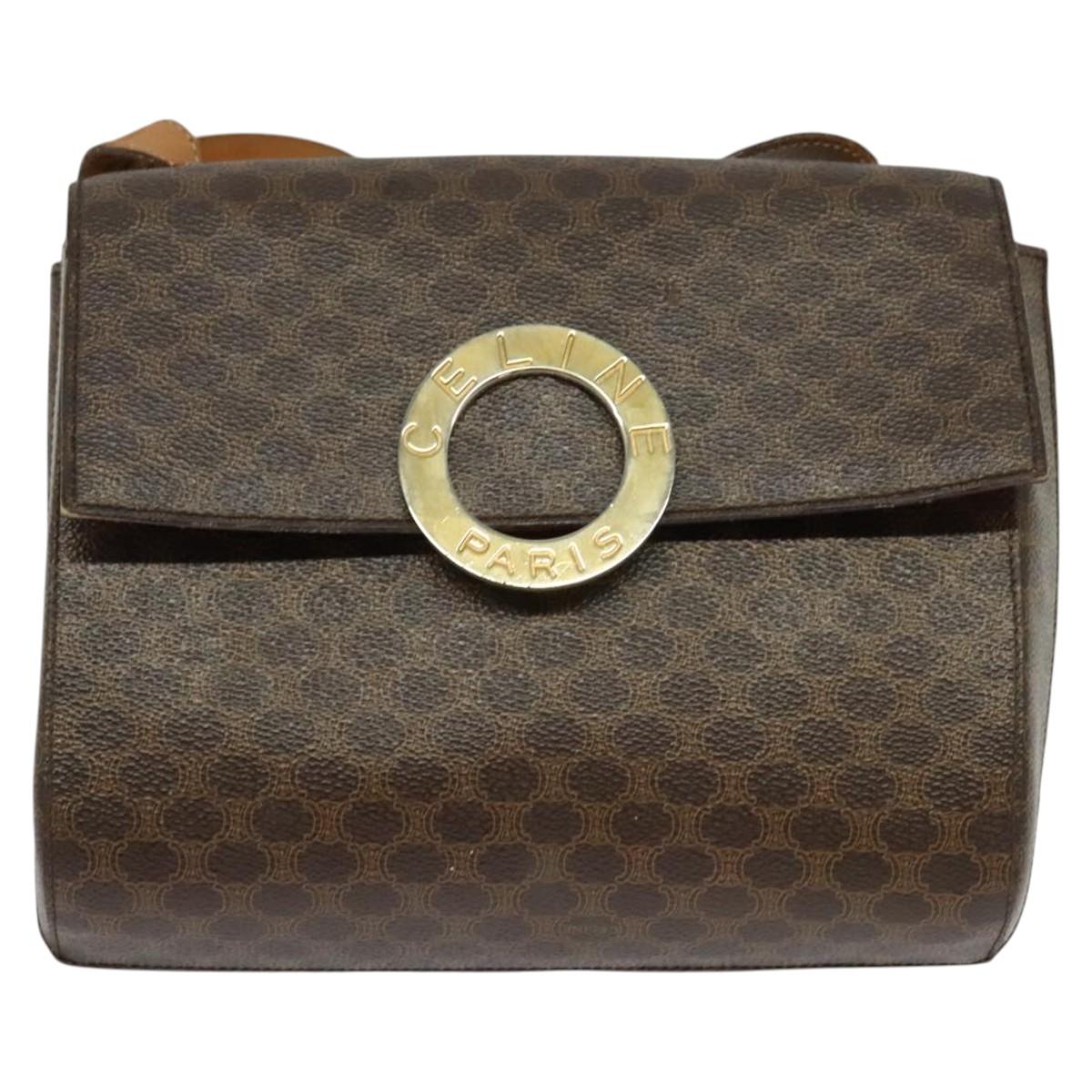 CELINE Macadam Canvas Circle Shoulder Bag PVC Leather Brown Gold Auth bs25458