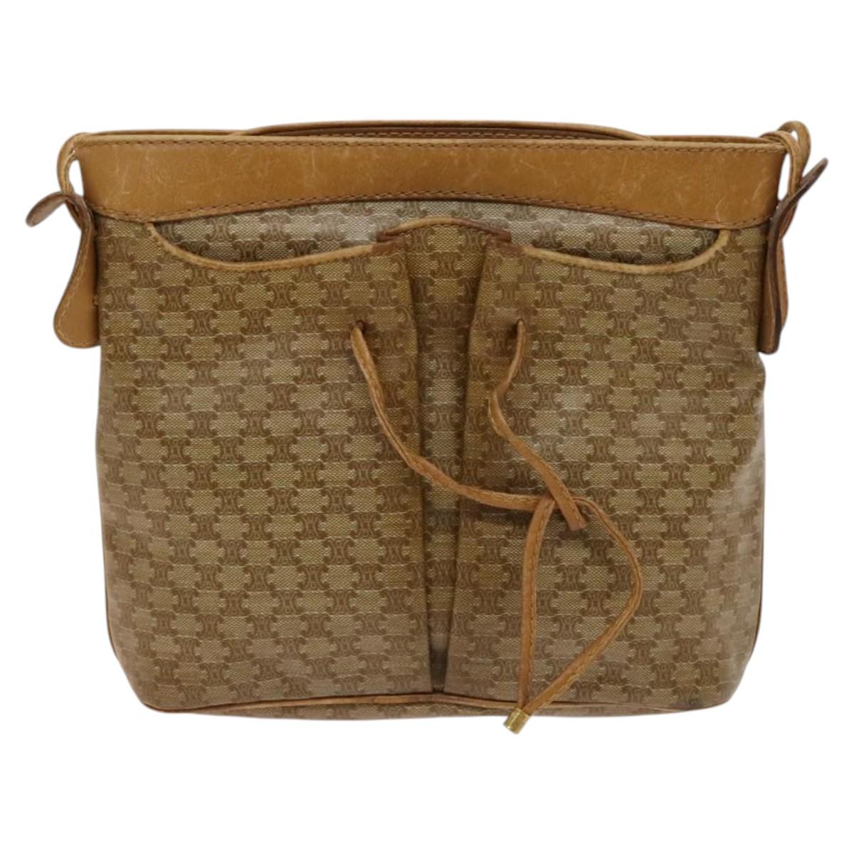 CELINE Macadam Canvas Shoulder Bag Beige Gold Auth bs25460