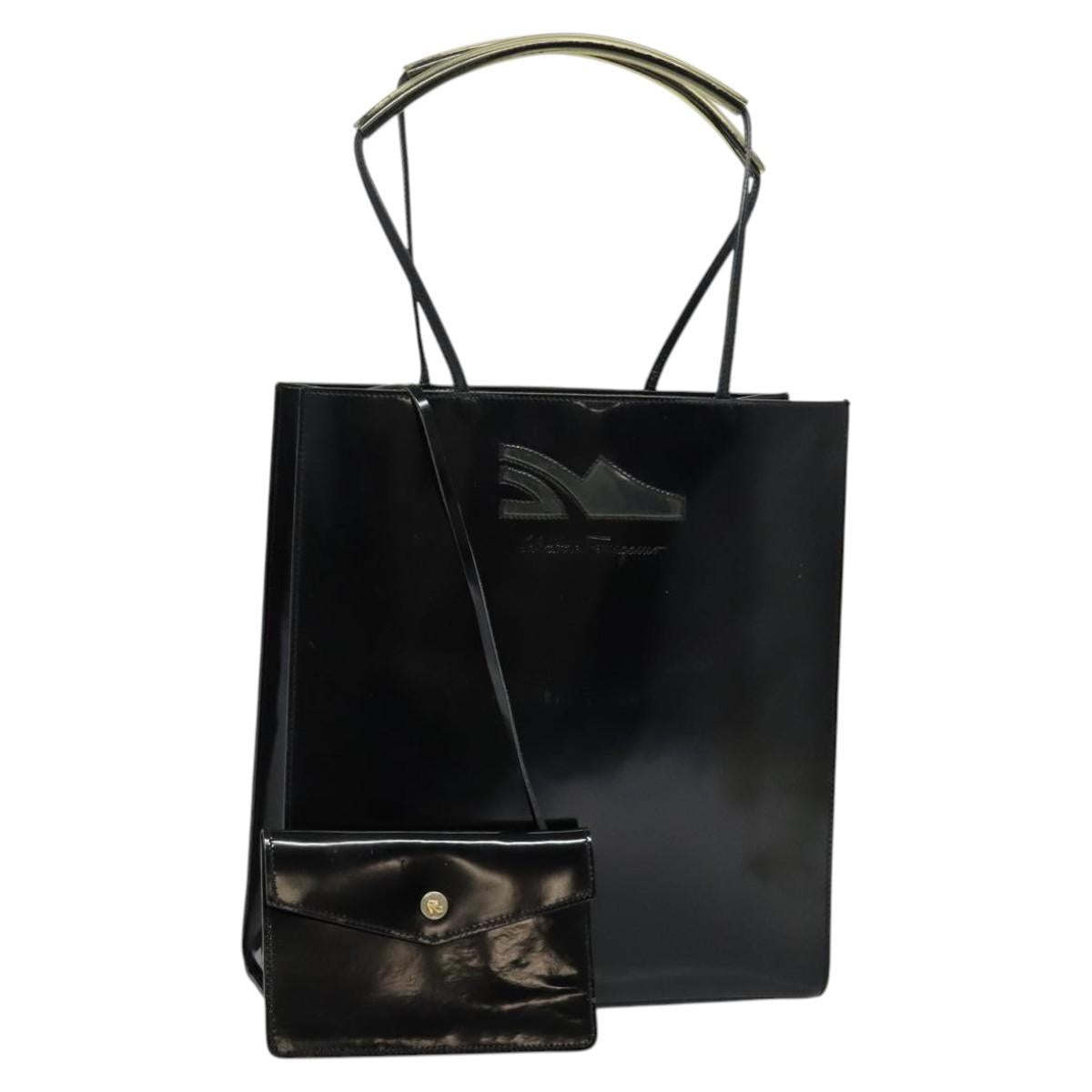 Salvatore Ferragamo Tote Bag Enamel Black Gold Auth bs25463
