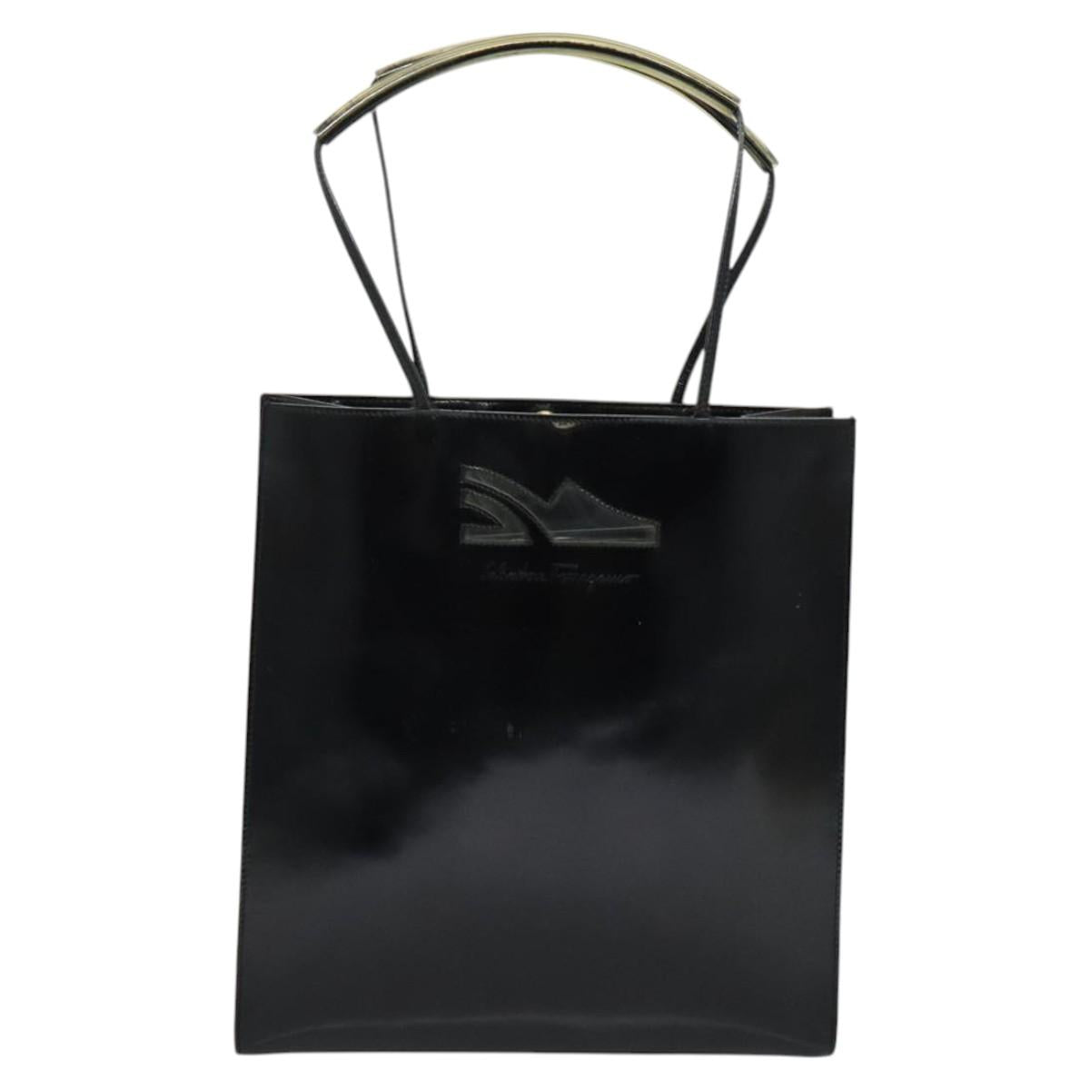 Salvatore Ferragamo Tote Bag Enamel Black Gold Auth bs25463