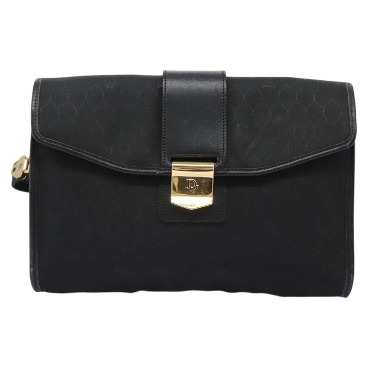 Christian Dior Honeycomb Canvas Shoulder Bag Black Gold Auth bs25477