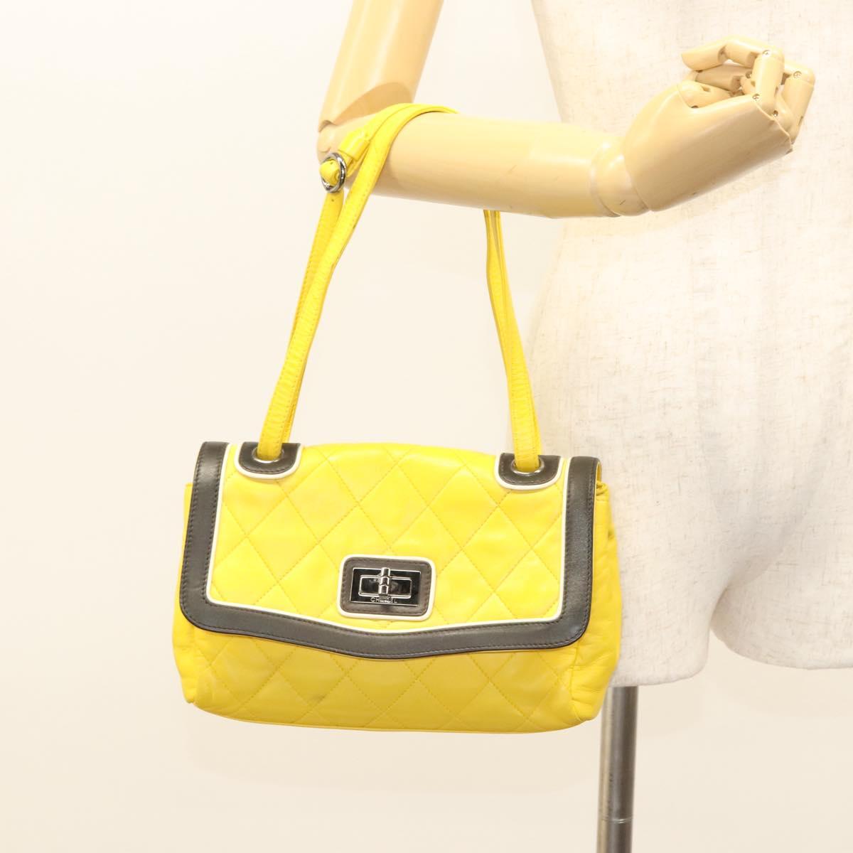 CHANEL Matelasse 2.55 Shoulder Bag Lamb Skin Yellow Silver CC Auth bs25489