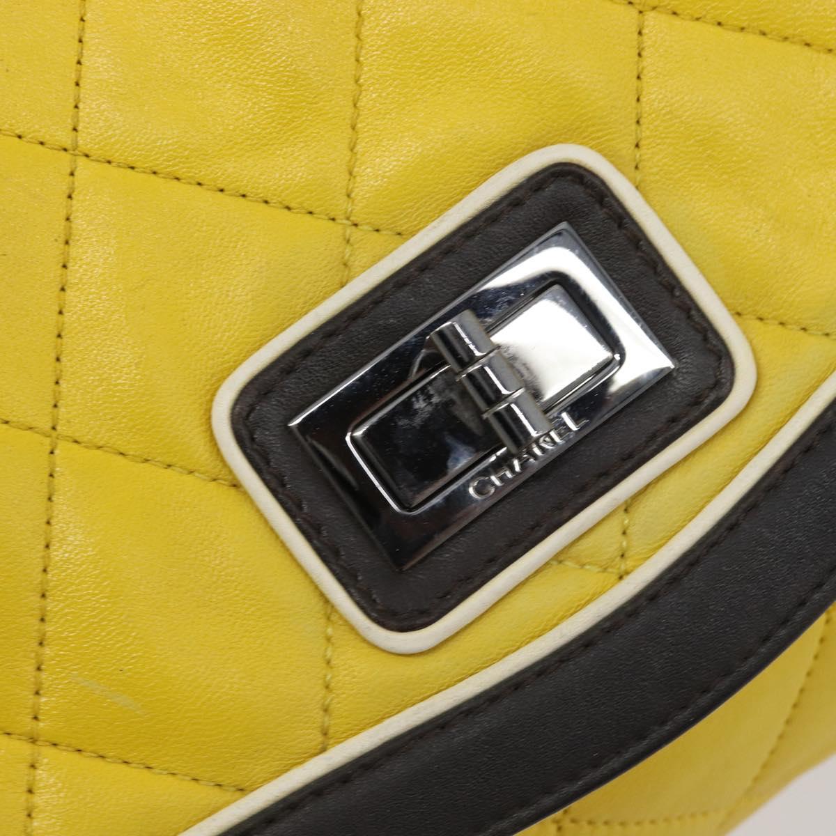 CHANEL Matelasse 2.55 Shoulder Bag Lamb Skin Yellow Silver CC Auth bs25489
