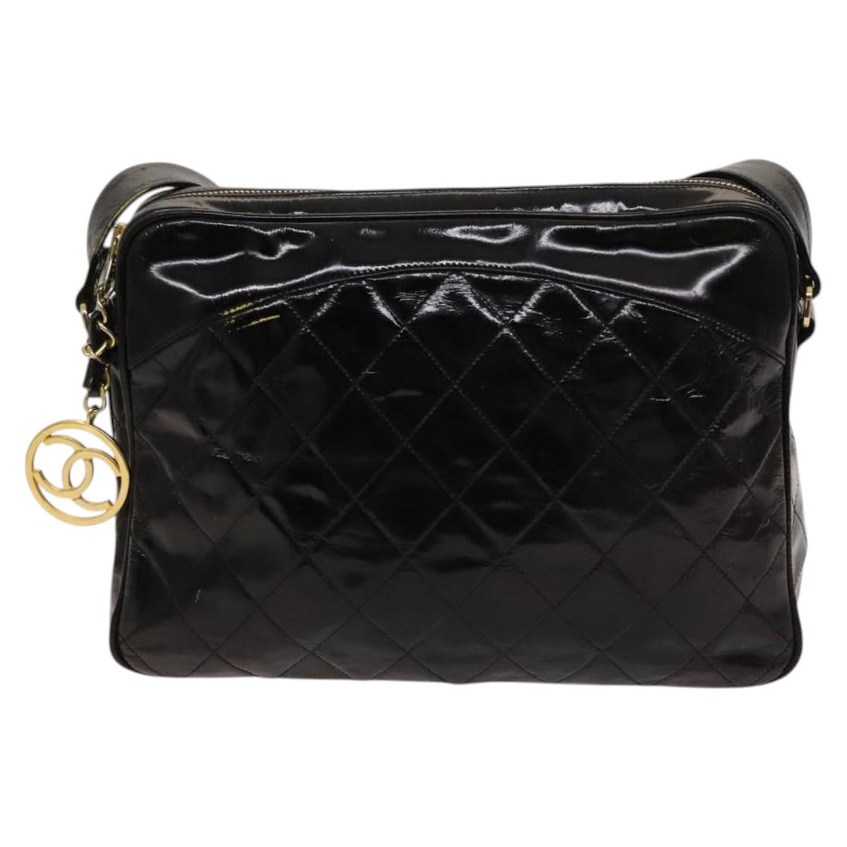 CHANEL Matelasse Chain Shoulder Bag Enamel Black Gold CC Auth bs25491