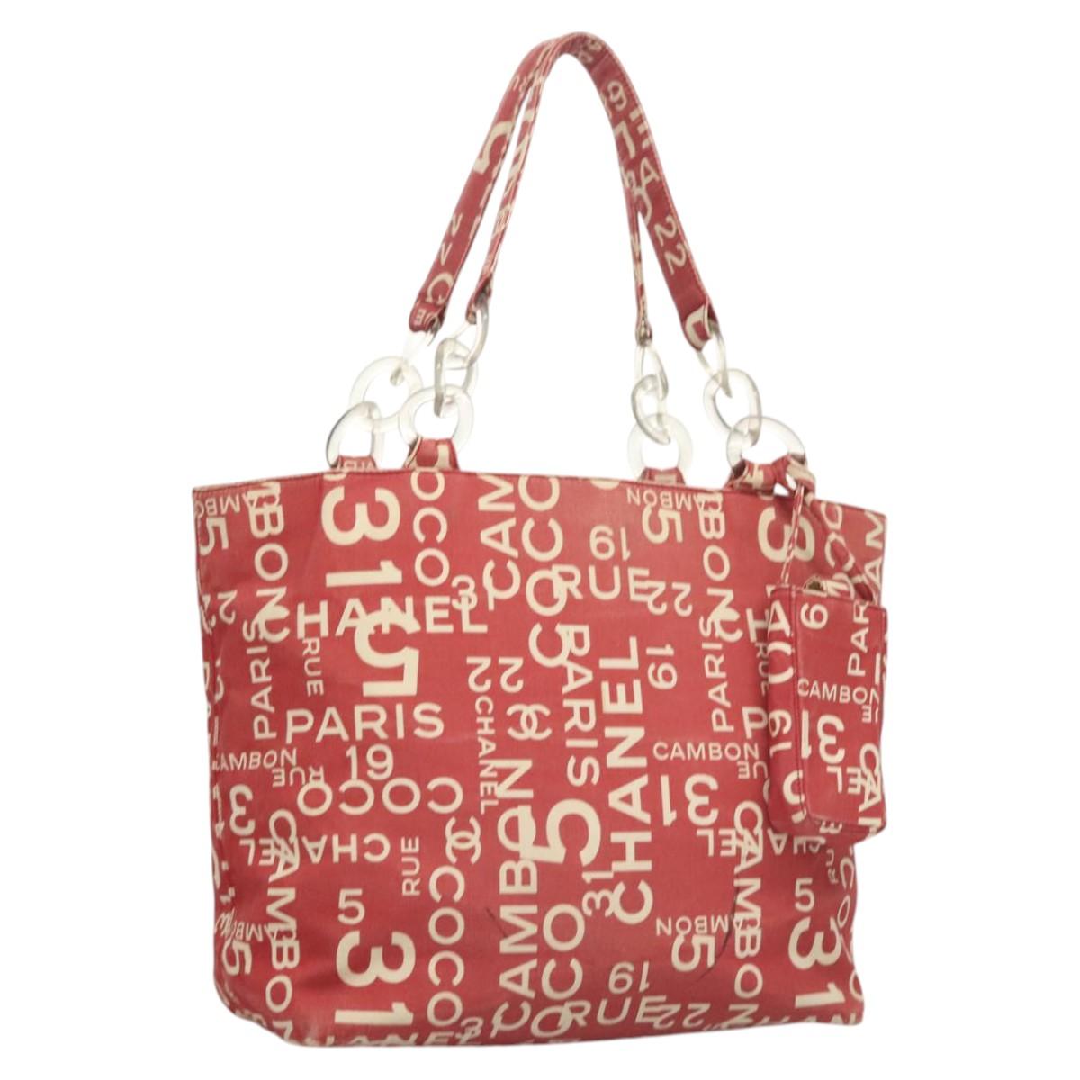 CHANEL Chain Bicy line Tote Bag Canvas Red CC Auth bs25552
