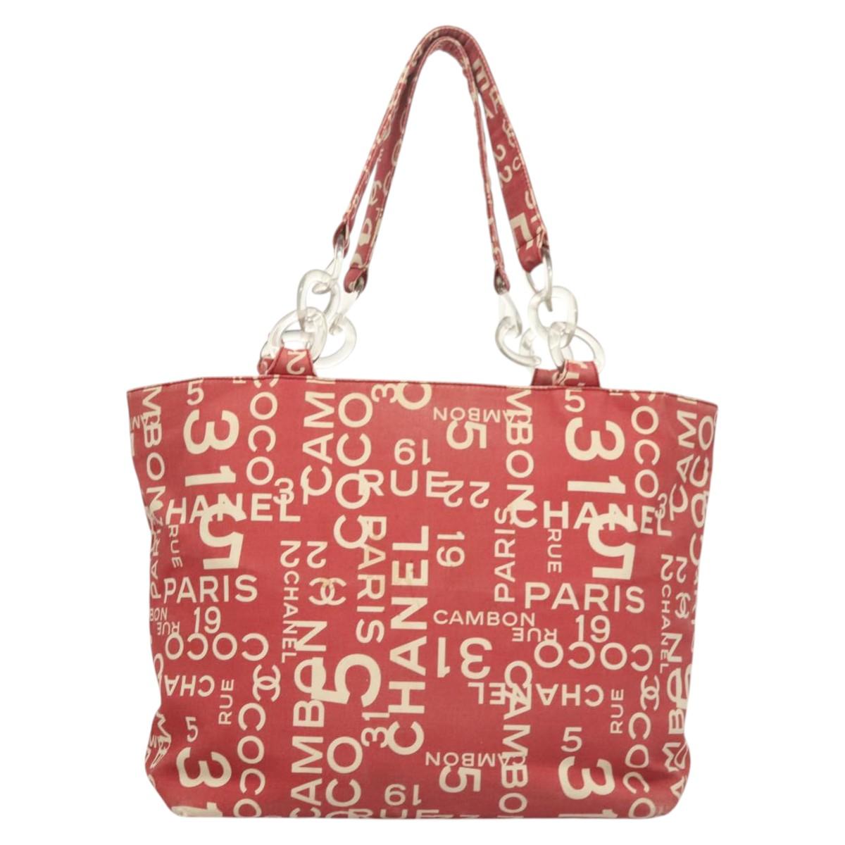 CHANEL Chain Bicy line Tote Bag Canvas Red CC Auth bs25552