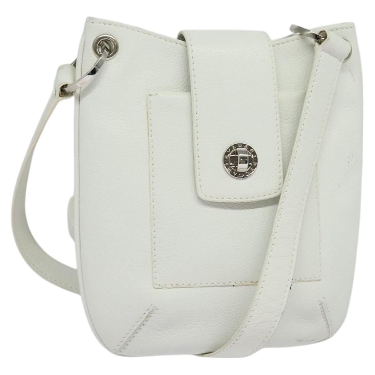 BVLGARI Shoulder Bag Leather White Silver Auth bs25565
