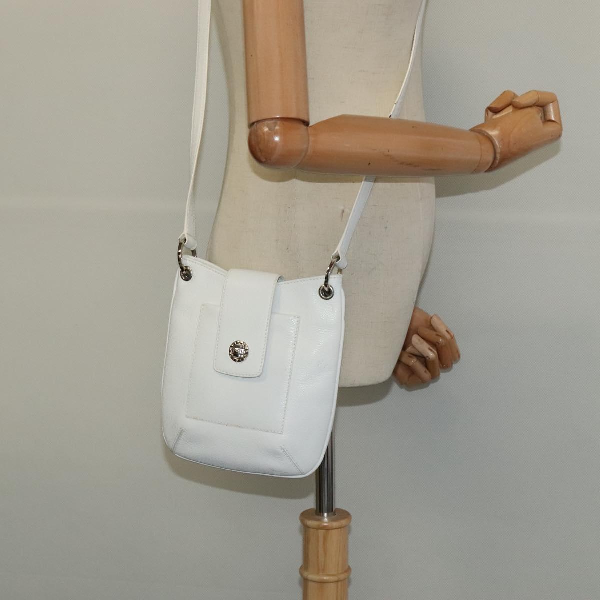 BVLGARI Shoulder Bag Leather White Silver Auth bs25565