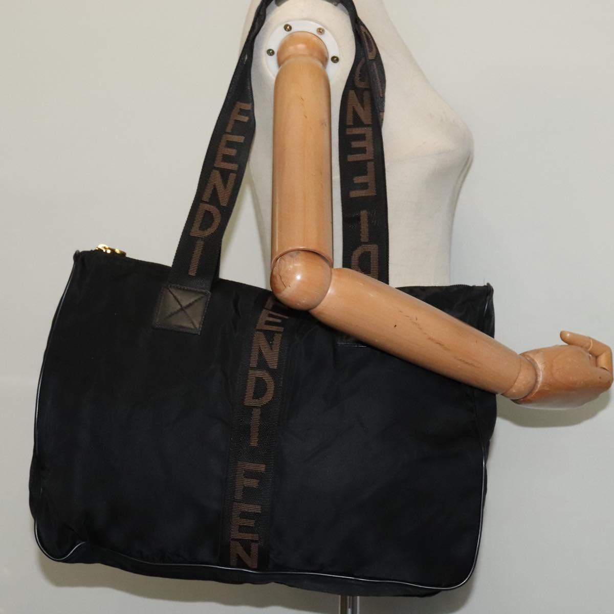 FENDI Shoulder Bag Nylon Black Gold Auth bs25587