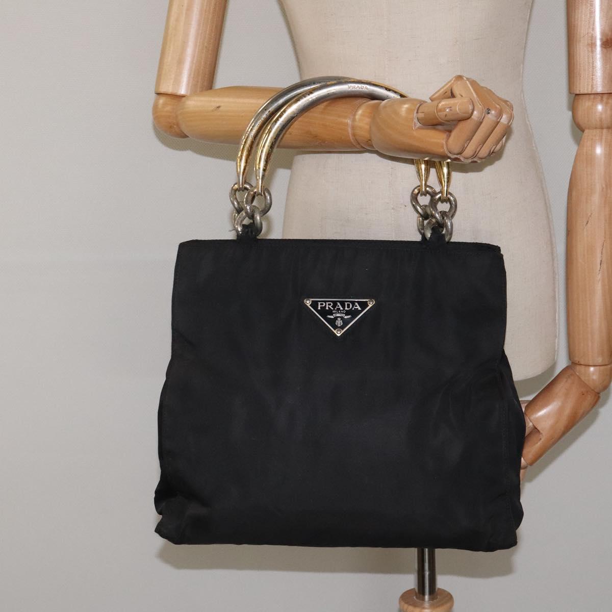 PRADA Hand Bag Nylon Black Gold Auth bs25607