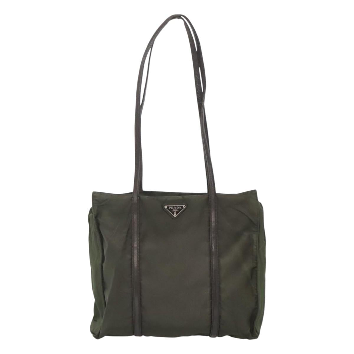 PRADA Shoulder Bag Nylon Khaki Silver Auth bs25613