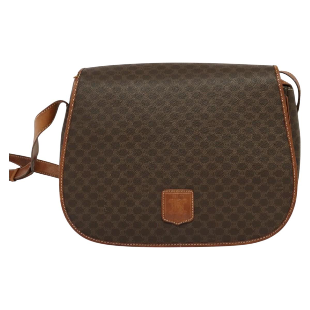 CELINE Macadam Canvas Shoulder Bag PVC Leather Brown Gold Auth bs25678